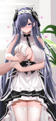  1girl absurdres august_von_parseval_(azur_lane) august_von_parseval_(the_conquered_unhulde)_(azur_lane) azur_lane blush breasts clothing_cutout commentary_request cowboy_shot grabbing_another&#039;s_breast groping guided_breast_grab guiding_hand hair_over_one_eye highres indoors lace lace-trimmed_thighhighs lace_trim large_breasts long_hair maid maid_headdress official_alternate_costume pov pov_hands purple_eyes sleeveless solo_focus thighhighs underboob_cutout very_long_hair wavy_mouth white_thighhighs wo_meiyou_mao  rating:Sensitive score:19 user:danbooru