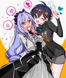  !? 2girls @_@ belle_(zenless_zone_zero) black_skirt blue_hair blush commentary_request crossed_bangs dress drill_hair gel_(nukoleg) green_eyes hair_ornament heart highres letter_hair_ornament long_hair multiple_girls one_eye_closed open_mouth overskirt pink_eyes pointy_ears purple_eyes purple_hair shirt short_hair skirt spoken_blush spoken_heart spoken_interrobang turtleneck turtleneck_shirt v vivian_(zenless_zone_zero) white_dress yuri zenless_zone_zero 