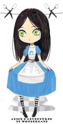  007_(pixiv295076) 1girl alice_(alice_in_wonderland) alice&#039;s_adventures_in_wonderland bad_id dress female_focus green_eyes long_hair lowres scissors solo white_background 
