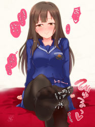 1girl blush breasts brown_eyes brown_hair censored collarbone cum feet foot_up footjob heart idolmaster idolmaster_cinderella_girls large_breasts long_hair looking_at_viewer matching_hair/eyes mizumoto_yukari on_bed pantyhose penis pov school_uniform sitting smile soles sound_effects speech_bubble translated watabonten rating:Explicit score:36 user:ssfl