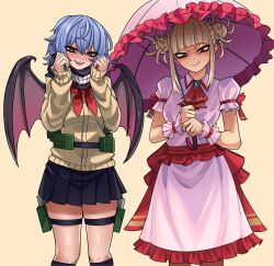  2girls alternate_costume bat_wings blonde_hair blue_hair blunt_bangs boku_no_hero_academia cardigan commentary cosplay costume_switch double_bun dress english_commentary eyelashes fangs frilled_dress frilled_sleeves frills hair_bun hands_up highres holding holding_umbrella holding_weapon long_sleeves looking_at_viewer messy_hair mole mole_under_eye multiple_girls neckerchief parasol pink_dress puffy_short_sleeves puffy_sleeves red_eyes red_neckerchief remilia_scarlet remilia_scarlet_(cosplay) short_sleeves sidelocks simple_background smile standing toga_himiko toga_himiko_(cosplay) touhou trait_connection umbrella unusualpie vampire weapon wings yellow_background yellow_cardigan yellow_eyes 