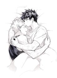  2boys bakugou_katsuki bed boku_no_hero_academia closed_eyes commentary_request crew_neck cuddling facial_scar fingernails freckles greyscale hand_on_another&#039;s_back hand_on_another&#039;s_head kiss kissing_forehead looking_at_another lycik_98 lying male_focus midoriya_izuku monochrome multiple_boys multiple_scars on_side parted_lips pillow scar scar_on_arm scar_on_cheek scar_on_face shirt short_hair short_sleeves t-shirt tank_top under_covers yaoi 