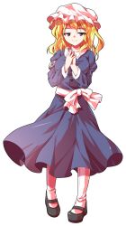  1girl alphes_(style) black_shoes blonde_hair bow breasts buttons collared_dress commentary_request dairi dress full_body hair_between_eyes hat large_variant_set long_hair long_sleeves maribel_hearn mary_janes medium_breasts mob_cap own_hands_together parody puffy_long_sleeves puffy_sleeves purple_dress sash shoes solo standing style_parody tachi-e touhou transparent_background variant_set white_bow white_hat 