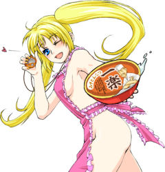  1boy 1girl ahoge apron ass bare_arms blonde_hair blue_eyes blush boo!king bowl breasts crossed_arms female_focus floating_hair food frilled_apron frills genderswap genderswap_(mtf) hand_up happy hat heart holding instant_noodles japanese_text japanese_text long_hair looking_to_the_side lowres medium_breasts naked_apron naruko_(naruto) naruto naruto_(series) noodles one_eye_closed open_mouth pink_apron ramen sexy_no_jutsu simple_background smile solo stopwatch teuchi_(naruto) timer tongue translation_request twintails uzumaki_naruto waitress walking watch white_background wink  rating:Questionable score:19 user:Anonymous