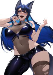 1girl absurdres animal_ears arm_strap artist_name asymmetrical_clothes black_hair black_pants blue_eyes breasts collar collarbone commission eyelashes heart highleg highleg_leotard highres jewelry leotard mole mole_under_eye myth1carts navel open_mouth original pants reiko_(tofuubear) ring see-through_clothes see-through_leotard single_pantsleg solo tail white_background white_collar 
