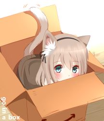1girl amazon_(company) animal_ears aqua_eyes black_ribbon blush box brown_hair cardboard_box cat_ears cat_girl cat_tail covered_mouth english_text female_focus from_above hair_between_eyes hair_ribbon in_box in_container light_brown_hair looking_at_viewer non_(wednesday-classic) original ribbon solo sweater tail tail_wagging rating:Sensitive score:34 user:danbooru