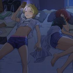 2boys bag barefoot blonde_hair blue_male_underwear boxer_briefs bulge cellphone closed_eyes curtains ear_piercing envelope futon green_eyes green_shirt highres holding holding_phone lying male_focus male_underwear multiple_boys navel on_side original parted_lips phone piercing pillow pillow_(nutsfool) shirt short_sleeves shota smartphone spiked_hair striped_male_underwear sweat tissue_box underwear white_shirt rating:Questionable score:322 user:danbooru