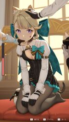 1girl 2boys absurdres animal_ears breasts camera cat_ears cat_girl cat_tail charlotte_(genshin_impact) cleavage cleavage_cutout clothing_cutout facial_mark genshin_impact grey_hair highres himitsu_(hi_mi_tsu_2) long_hair looking_at_viewer lumine_(genshin_impact) lynette_(genshin_impact) lyney_(genshin_impact) medium_breasts multiple_boys purple_eyes solo_focus star_(symbol) star_facial_mark tail translation_request rating:Sensitive score:90 user:danbooru