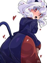  1girl ass ass_focus blush demon_girl demon_horns demon_tail formal_clothes full-face_blush heart heart-shaped_pupils helltaker horns huge_ass looking_back modeus_(helltaker) pantyhose red_eyes red_pantyhose satoro301 solo suit sweat symbol-shaped_pupils tail white_background white_hair 