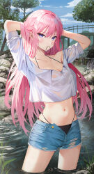 1girl absurdres arms_up bikini bikini_under_clothes blue_eyes blue_sky breasts cleavage cloud cowboy_shot day denim denim_shorts hair_tie_in_mouth highres k.j. kawaii_dake_ja_nai_shikimori-san long_hair looking_at_viewer medium_breasts midriff mouth_hold outdoors pink_hair shikimori_miyako shirt short_shorts shorts sky solo swimsuit tree wading water wet wet_clothes wet_shirt white_shirt rating:Sensitive score:107 user:danbooru
