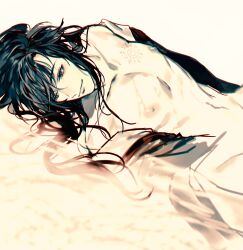  1boy absurdres alternate_hairstyle androgynous bishounen black_hair branded closed_mouth collarbone eyelashes hair_down hair_spread_out highres jujeop long_hair lying lying_on_water male_focus modao_zushi monochrome navel nipples nude off_shoulder on_side open_clothes open_robe partially_submerged pectorals red_eyes robe smile solo spot_color water wei_wuxian wet 