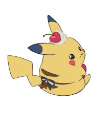 :3 black_eyes cherry closed_mouth food fruit full_body gen_1_pokemon happy looking_back nintendo no_humans pikachu pikachu_(assorted_chocolates_2024) pokemon pokemon_(creature) pokemon_focus simple_background sitting smile solo white_background yoko.u