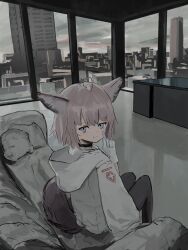  1girl absurdres ahoge animal_ears apartment arknights black_choker black_pantyhose blue_eyes blush building choker cityscape clarke149246 coat commentary_request couch cross finger_to_mouth fox_ears fox_girl fox_tail gloves grey_hair highres hood hood_down hooded_coat indoors long_hair long_sleeves looking_at_viewer medium_hair on_couch pantyhose red_cross reflective_floor shushing sitting skyscraper smile solo split_mouth sussurro_(arknights) table tail white_coat white_gloves 