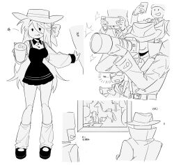  1girl 4boys :p air_zizon bow buttons camera can closed_mouth collared_dress dress eunoia_(frozen_soul) fedora frozen_soul greyscale hair_bow hat highres holding holding_camera holding_can holding_phone joints leg_warmers long_hair long_sleeves mafioso_(frozen_soul) monochrome multiple_boys phone puffy_long_sleeves puffy_sleeves roblox robot_joints shoes simple_background sketch smile sun_hat taking_picture tongue tongue_out very_long_hair 
