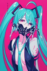  ahoge amputee aqua_hair aqua_necktie arm_tattoo artist_name between_breasts black_sclera breasts calne_ca_(deino) collared_shirt colored_sclera hair_ornament hatsune_miku highres long_hair maegjuw mechabare medium_breasts mismatched_sclera missing_limb necktie necktie_between_breasts no_bra open_clothes open_shirt pink_background pink_eyes shirt simple_background sleeveless tattoo twintails upper_body vocaloid  rating:Sensitive score:17 user:Menace5