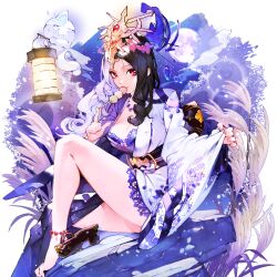  1girl bare_legs bird black_hair blush breasts castle cleavage cloud collarbone crescent_moon crown dango drill_hair eating egasumi feathers floral_print flower food full_moon geta hair_flower hair_ornament high_heels highres holding holding_food isaac_hein_iii izanami_(uchihime) japanese_clothes kimono lantern large_breasts legs long_hair long_sleeves looking_at_viewer medium_breasts moon multicolored_hair nail_polish night night_sky non-web_source outdoors owl parted_bangs pink_eyes pink_hair purple_eyes red_eyes sidelocks sidesaddle sitting skirt sky smile solo thighhighs transparent_background two-tone_hair uchi_no_hime-sama_ga_ichiban_kawaii very_long_hair wagashi weapon white_hair white_kimono wide_sleeves 