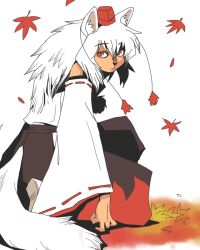  1girl alternate_hair_length alternate_hairstyle animal_ear_fluff animal_ears black_skirt closed_mouth commentary_request detached_sleeves expressionless full_body hat inubashiri_momiji leaf long_hair looking_at_viewer maple_leaf onikobe_rin red_eyes red_hat red_skirt ribbon-trimmed_sleeves ribbon_trim shirt skirt sleeveless sleeveless_shirt solo squatting tail tokin_hat touhou two-tone_skirt white_hair white_shirt white_sleeves wolf_ears wolf_girl wolf_tail 