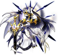  black_sclera colored_sclera dragon dragon_village_(series) dragon_village_collection feathered_wings game_cg glowing glowing_eyes janus_(dragon_village) janus_(knight-captain_of_light_and_dark)_(dragon_village) multiple_wings no_humans official_art sword third-party_source transparent_background weapon wings yellow_eyes 