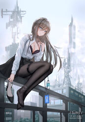  1girl bare_shoulders between_legs black_bra black_pantyhose black_skirt blue_eyes bottle bra breasts building buttons city cityscape cleavage cloud cloudy_sky collarbone collared_shirt commentary earrings english_commentary feet fog full_body grey_hair grey_sky hair_between_eyes hand_between_legs hand_up high-waist_skirt highres holding holding_shoes holding_unworn_clothes id_card jewelry lanyard large_breasts light_particles long_hair long_sleeves looking_at_viewer office_lady on_railing original outdoors pantyhose parted_lips partially_unbuttoned railing scenery shirt shirt_tucked_in shoes single_bare_shoulder single_shoe sitting skirt sky skyscraper solo thigh_strap thighs timestamp toes tower underwear unworn_shoes very_long_hair water_bottle wet wet_clothes white_shirt yuzuriha_(atelier_liang) 