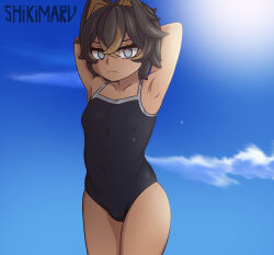  1girl aged_down annoyed armpits arms_behind_head arms_up artist_name blonde_hair blue_eyes blue_one-piece_swimsuit blue_sky brown_hair closed_mouth collarbone covered_navel cowboy_shot dark-skinned_female dark_skin day dehya_(genshin_impact) female_focus flat_chest genshin_impact hair_between_eyes loli looking_at_viewer mihoyo multicolored_hair one-piece_swimsuit outdoors shikimaru short_hair sky solo standing streaked_hair sun swimsuit 