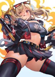  1girl :d black_panties black_skirt black_thighhighs black_tube_top blonde_hair breasts burnice_white cropped_legs dual_wielding duplicate eyewear_on_head flamethrower from_below highres holding jacket large_breasts midriff miniskirt navel one_eye_closed open_mouth orange_eyes panties poch4n skindentation skirt smile solo strapless sunglasses thighhighs tube_top twintails underwear weapon zenless_zone_zero 