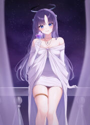  1girl absurdres against_fence alternate_costume alternate_hairstyle black_halo blue_archive blue_eyes blue_hair blurry blush breasts cleavage closed_mouth commentary_request cup depth_of_field dress drinking_glass fence halo highres holding holding_cup light_smile long_hair looking_at_viewer night night_sky sky solo soo_ou star_(sky) starry_sky white_dress yuuka_(blue_archive) 