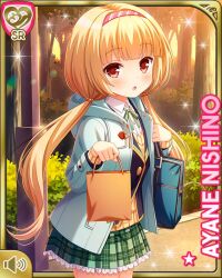  1girl :o blonde_hair blue_jacket card character_name coat day earbuds earphones forest girlfriend_(kari) green_neckwear green_skirt headband jacket nature nishino_ayane official_art open_mouth outdoors plaid_clothes plaid_skirt qp:flapper red_eyes school_uniform shirt skirt standing sunset tagme twintails white_coat white_shirt winter_clothes winter_coat 