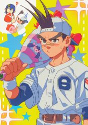  1boy ancpaghetti ayuhara_natsu backwards_hat bandaid bandaid_on_face bandaid_on_nose baseball_cap baseball_uniform belt black_hair black_undershirt bouquet brown_belt brown_eyes dark-skinned_male dark_skin flower forked_eyebrows hat highres holding holding_bouquet justice_gakuen male_focus nervous sawamura_shouma shirt short_hair solo sparkle speech_bubble spiked_hair sportswear star_(symbol) sweatdrop thick_eyebrows thought_bubble v-shaped_eyebrows white_shirt yellow_background 
