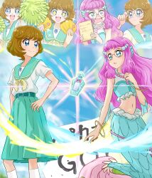  +_+ 2girls absurdres adjusting_eyewear aozora_middle_school_uniform aqua_sailor_collar aqua_skirt blue_eyes blue_shirt blue_sky body_switch bracelet bread brown_hair cloud cloudy_sky commentary day flying_sweatdrops food glasses hair_ornament hand_on_own_hip highres holding holding_food holding_paper holding_pom_poms ichinose_minori jewelry ken_akai kneehighs laura_la_mer medium_skirt mermaid mermaid_aqua_pot midriff monster_girl multiple_girls multiple_views navel neckerchief outdoors paper personality_switch pink_hair pleated_skirt pom_pom_(cheerleading) pom_poms precure rimless_eyewear ring round_eyewear sailor_collar school_uniform serafuku shirt short_hair skirt sky sleeveless sleeveless_shirt smirk socks sparkle standing tropical-rouge!_precure white_shirt white_socks yellow_neckerchief 