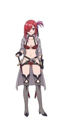  anime_coloring aoi_tomato belt bikini breasts closed_mouth coat collarbone collared_coat full_body gray_coat hair_ornament hair_over_one_eye high_heels highres holding holding_weapon katie_(tsuihousha_shokudou_e_youkoso!) long_hair looking_at_viewer navel red_eyes red_hair scabbard sheath sheathed sidelocks simple_background smile solo standing swimsuit sword thighhighs transparent_background tsuihousha_shokudou_e_youkoso! weapon  rating:Sensitive score:2 user:danbooru
