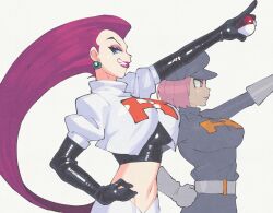  2girls alternate_breast_size arm_up belt black_dress black_gloves black_hat breasts newsboy_cap crop_top dress earrings elbow_gloves expressionless eyeshadow flat_cap from_side gem gloves green_gemstone grey_belt grey_gloves grin hair_slicked_back hand_on_own_hip hat highres holding holding_poke_ball index_finger_raised inkerton-kun jessie_(pokemon) jewelry large_breasts lipstick long_hair long_sleeves looking_at_viewer makeup multiple_girls navel nintendo outstretched_arm pink_eyes pink_hair pink_lips poke_ball poke_ball_(basic) pokemon pokemon_(anime) pokemon_(classic_anime) pokemon_hgss profile puffy_short_sleeves puffy_sleeves purple_eyeshadow purple_hair purple_lips salute shirt short_dress short_hair short_sleeves sideways_glance simple_background single_letter skirt smile sphere_earrings straight-arm_salute team_rocket team_rocket_grunt team_rocket_uniform turtleneck upper_body white_background white_shirt white_skirt 