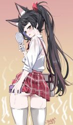  1girl animal_ear_fluff animal_ears ass azur_lane bag black_hair blush brown_eyes cellphone clothes_lift electric_fan fox_ears fox_girl from_behind highres hot lifting_own_clothes long_hair looking_back nagato_(azur_lane) no_tail open_mouth panties phone pink_panties plaid_clothes plaid_skirt ponytail red_skirt ribbon school_uniform see-through_clothes see-through_shirt shirt skirt skirt_lift smartphone solo standing sweat thighhighs thighs umyonge_(lkakeu) underwear very_long_hair wet wet_clothes wet_shirt white_shirt white_thighhighs 