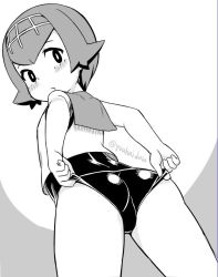 1girl adjusting_clothes adjusting_swimsuit ass ass_focus blush crop_top female_focus from_behind greyscale jingai_modoki lana_(pokemon) loli looking_at_viewer looking_back monochrome nintendo one-piece_swimsuit pokemon pokemon_sm sailor_collar short_hair simple_background sleeveless solo swimsuit thighs twitter_username rating:Sensitive score:161 user:ponekad