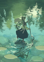 1girl analogous_colors ann_maulina artist_name braid clip_studio_paint_(medium) commentary dated dress english_commentary from_side full_body hat headscarf highres holding holding_staff long_hair long_sleeves outdoors raruurien rienasha_(raruurien) ripples rock signature solo staff standing veil wading water white_hair 