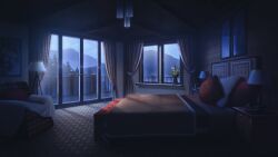 balcony bed bedroom blanket carpet chair condensation curtains daffodil dark desk_lamp flower forest hanging_light highres indoors lamp lodge morning mountainous_horizon nature non-web_source official_art our_life our_life:_beginnings_and_always photo_(object) pillow plant potted_plant railing sunrise variant_set window window_fog 