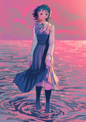  1girl absurdres black_socks blue_ribbon cloud collared_shirt dress eri_(sayonara_eri) full_body gaanc_23_(tomosuge) highres long_sleeves looking_at_viewer neck_ribbon ocean outdoors pinafore_dress pink_sky pleated_dress ribbon sayonara_eri shirt short_hair skirt_hold sky sleeveless sleeveless_dress socks solo standing wading water white_shirt wind 