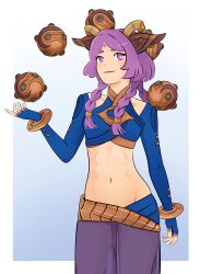  1girl belly belt blue_background bracelet braid breasts crop_top fingerless_gloves gloves gold_bracelet highres horns ionia jewelry league_of_legends light_smile long_hair looking_at_viewer medium_breasts navel purple_eyes purple_hair revealing_clothes see-through_clothes standing stomach thick_eyebrows twin_braids yunara_(league_of_legends) 