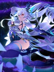  1girl absurdres bare_shoulders breasts crystal_shards dress floating floating_hair genshin_impact grey_hair hair_between_eyes hair_ornament highres large_breasts long_hair looking_at_viewer prosthesis prosthetic_arm prosthetic_leg punco_(kdfg2577) purple_hands red_eyes skirk_(genshin_impact) solo space star_(sky) thighs very_long_hair white_dress white_hair 