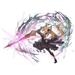  1girl animal_ears black_dress blonde_hair breasts brooch brown_eyes dress dress_flip dynamic_pose erune flower flower_brooch full_body funeral_dress granblue_fantasy hair_flower hair_ornament high_heels jewelry medium_breasts official_art pantyhose puffy_sleeves solo sword transparent_background weapon yuisis_(fire)_(granblue_fantasy) yuisis_(granblue_fantasy) 