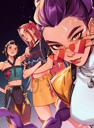  3girls black_hair braid brown_eyes choker commentary crop_top double_bun earrings eyebrow_piercing face_piercing hair_bun hashtag-only_commentary heart heart-shaped_eyewear jewelry kpop_demon_hunters lesly_oh long_hair mira_(kpop_demon_hunters) multiple_girls necklace pants piercing pink-tinted_eyewear pink_hair purple_hair ring rumi_(kpop_demon_hunters) shirt skirt tinted_eyewear twintails white_shirt zoey_(kpop_demon_hunters) 