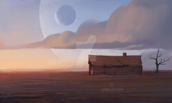  bare_tree cambocreation cloud house landscape no_humans original painterly planet ruins scenery sunset tree watermark 