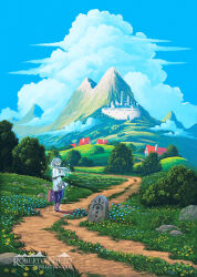  1girl artist_name black_pantyhose blue_sky book boots brown_boots building bush capelet castle cloud commentary day dirt_road elf english_commentary flower frieren grass highres holding holding_book holding_suitcase long_sleeves mountain outdoors pantyhose pointy_ears road rock runes scenery sky solo sousou_no_frieren standing suitcase syntetyc tree twintails watermark white_capelet white_hair wide_shot 
