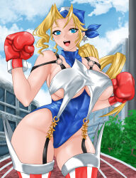  1girl blonde_hair blue_eyes boxing_gloves breasts capcom earrings jewelry justice_gakuen large_breasts long_hair open_mouth smile solo thighhighs tiffany_lords underboob valneeko 