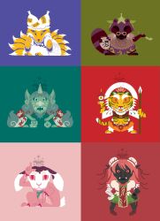  absurdres animal_print animalization bishamonten&#039;s_pagoda bishamonten&#039;s_spear brown_hair brown_skirt commentary english_commentary futatsuiwa_mamizou futatsuiwa_mamizou_(tanuki) glasses gourd green_skirt hat highres horns ibaraki_kasen inaba_tewi inaba_tewi_(bunny) kiseru komainu komano_aunn komano_aunn_(komainu) leaf leaf_on_head looking_at_viewer mob_cap multicolored_background multiple_tails pince-nez rabbit roaringwish sharp_teeth shawl shirt single_horn skirt slit_pupils smoking_pipe tabard tail teeth tiger_print toramaru_shou toramaru_shou_(tiger) touhou white_hat white_shirt yakumo_ran yakumo_ran_(fox) 