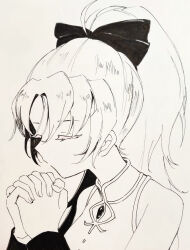  1girl ahoge bare_shoulders bow buttons chest_jewel cleavage_cutout closed_eyes closed_mouth clothing_cutout collared_dress dress eyelashes fingernails greyscale hair_bow high_ponytail highres long_hair mahou_shoujo_madoka_magica mahou_shoujo_madoka_magica_(anime) monochrome nib_pen_(medium) own_hands_together parted_bangs pen_(medium) pointy_nose ponytail praying sakura_kyoko sakura_kyoko_(magical_girl) sleeveless sleeveless_dress solo traditional_media ultimate_magnum upper_body very_long_hair wrist_cuffs 
