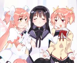  3girls akemi_homura akemi_homura_(magical_girl) black_hair black_hairband black_ribbon bow clenched_teeth closed_mouth double_v dress dual_persona hair_bow hairband hand_on_another&#039;s_chin highres kaname_madoka long_hair long_sleeves magical_girl mahou_shoujo_madoka_magica mitakihara_school_uniform multiple_girls open_mouth pink_eyes pink_hair ribbon school_uniform short_hair short_sleeves smile teeth twintails ultimate_madoka v white_bow white_dress yellow_eyes yellow_ribbon yuimura3 yuri 