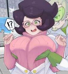  ! !? 1boy 1girl absurdres artist_name artsheops big_hair blurry blurry_background blush breasts capelet covered_erect_nipples depth_of_field embarrassed faba_(pokemon) gloves goggles green_eyes green_gloves groping hetero highres huge_breasts indoors lab_coat long_sleeves nintendo open_mouth pink-framed_eyewear pink_sweater pokemon pokemon_sm purple_hair raised_eyebrows spoken_exclamation_mark surprised sweatdrop sweater turtleneck turtleneck_sweater upper_body wicke_(pokemon)  rating:Questionable score:52 user:DarkToonLink
