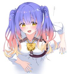  1girl :d blonde_hair blue_hair blue_nails blunt_bangs blush bow bowtie breasts brown_skirt collared_shirt commentary eyelashes eyes_visible_through_hair flower gradient_hair gyaru hair_between_eyes hair_flower hair_ornament highres jewelry kogal kohibari_kurumi large_breasts long_hair long_sleeves looking_at_viewer mizuka_academy_school_uniform multicolored_hair nail_polish necklace open_mouth pink_flower pink_hair school_uniform shirt simple_background skirt smile solo suspender_skirt suspenders sweatdrop tenshi_souzou_re-boot! through_wall translated twintails upper_body white_background white_shirt yamichi_(yamichi8369) yellow_bow yellow_bowtie yellow_eyes yellow_nails 