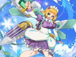  1girl :d apron aqua_(last_origin) blonde_hair blue_sky blunt_bangs blush bow breasts cloud day dress frilled_dress frills green_eyes hair_bow highres juliet_sleeves last_origin lens_flare light_particles long_sleeves maid maid_headdress mechanical_wings medium_breasts open_mouth outdoors pixiv_id plaid_clothes plaid_dress puffy_sleeves purple_bow purple_dress short_eyebrows short_hair sidelocks signature sky smile sparkle splashing twitter_username umigarasu_(kitsune1963) underbust water white_apron wings 