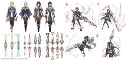  1girl ahoge alternate_hair_color alternate_hairstyle black_dress black_hair black_shoes blue_cape braid brown_hair brown_thighhighs cape commentary concept_art crown_braid double_blade dress garter_straps grey_eyes grey_hair highres hilda_(king&#039;s_raid) king&#039;s_raid kneeling long_hair long_sidelocks long_single_sidelock medium_hair milyu multiple_views official_art ponytail reference_sheet shoes sidelocks smoke thighhighs weapon white_dress white_shoes 